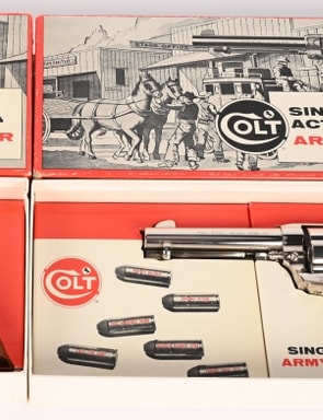  https://milestoneauctions.hibid.com/lot/323727101/consecutive-set-of-colt-single-action-army-2nd-gen?ref=catalog Consecutive set of two Colt 2nd Generation Single Action Army revolvers manufactured in 1971 with serial numbers 60055SA and 60056SA. Colt single-line address on top and “COLT SINGLE ACTION ARMY 45” on left side of each barrel. Two-line patent dates and rampant pony on left side of each frame. Smooth finish hardwood grips. Housed in excellent-condition Colt factory boxes with paperwork, shipping sleeves, and Colt letter confirming guns are a factory set. Both revolvers appear to be in unfired condition. Estimate: $9,500-$12,500