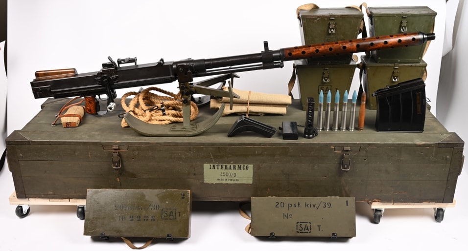 Unfired 1944 Lahti L-39 20mm anti-tank rifle and kit. Mobile anti-armor weapon was designed for Finland’s military to counter Soviet forces in the late 1930s. Estimate: $30,000-$40,000.