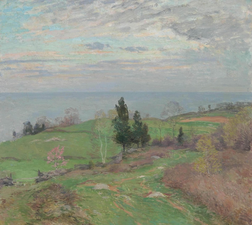 Oil on canvas painting by Willard Leroy Metcalf (American, 1858-1925), titled Spring at Leete's Island (1908), signed, 26in x 29in. Estimate: $150,000-$250,000