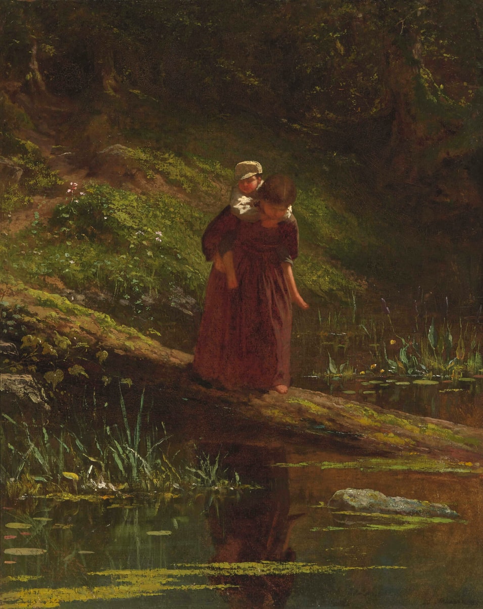 Oil on canvas on board by Eastman Johnson (American, 1824-1906), titled Crossing a Stream (Pig-a-Back) (1866), signed and dated, 21¼in x 17in. Estimate: $80,000-$120,000